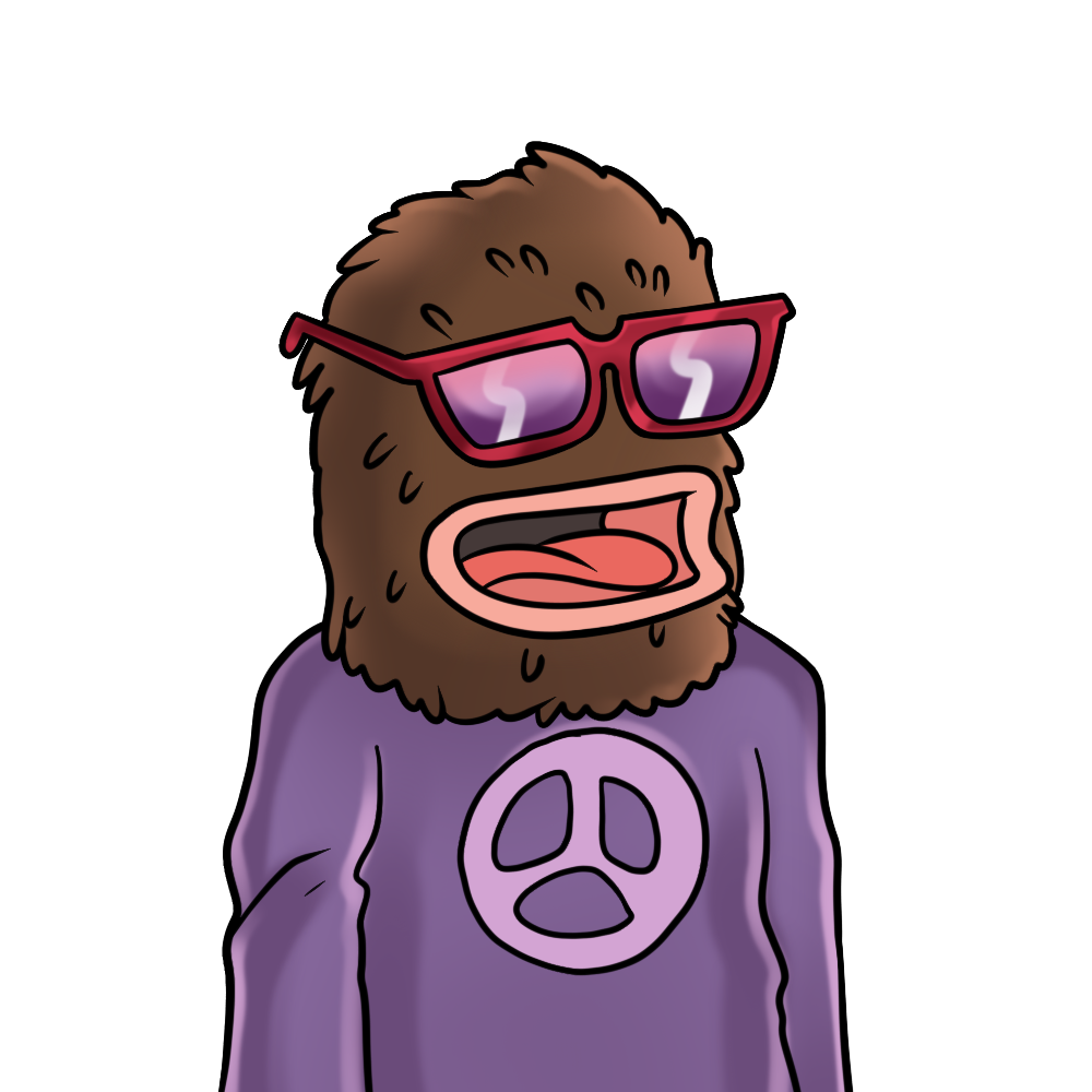 Landwolf, a brown wolf wearing red sunglasses and a purple sweater