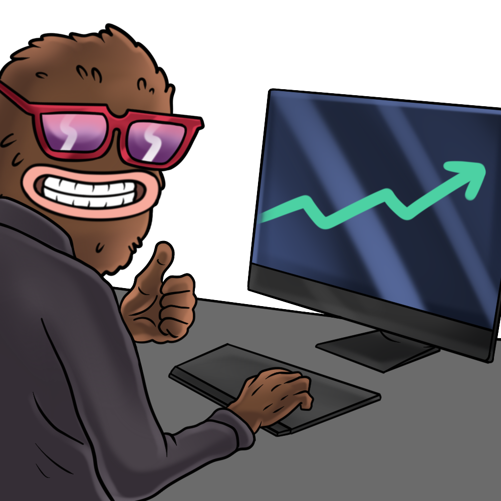 Landwolf at his computer giving a thumbs up to a green chart